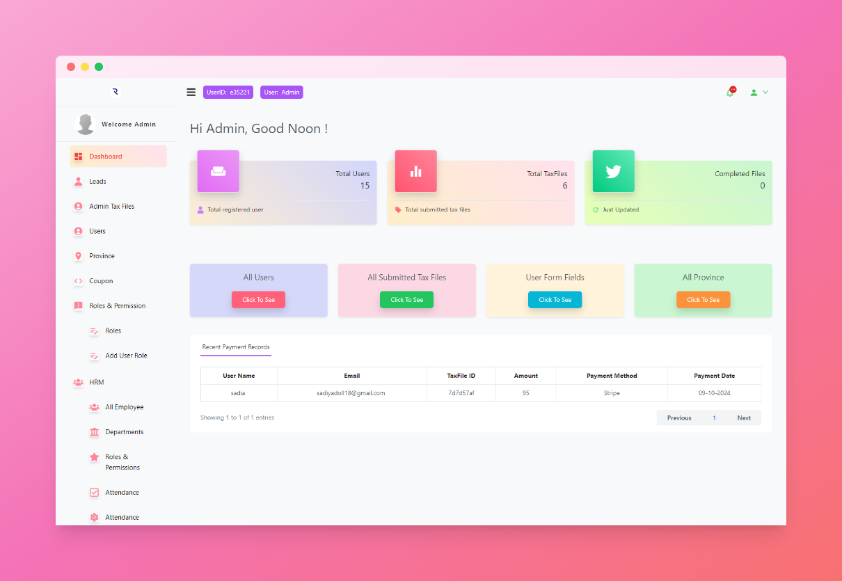 Riwa Dashboard Page